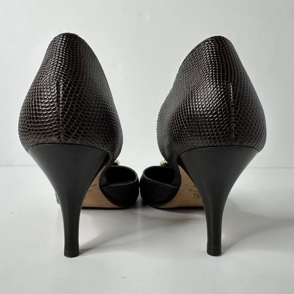 Ann Taylor D'Orsay Pumps 6M Brown‎ Snakeskin Pattern Buckle Pointed Toe 3" Heel - Picture 5 of 16